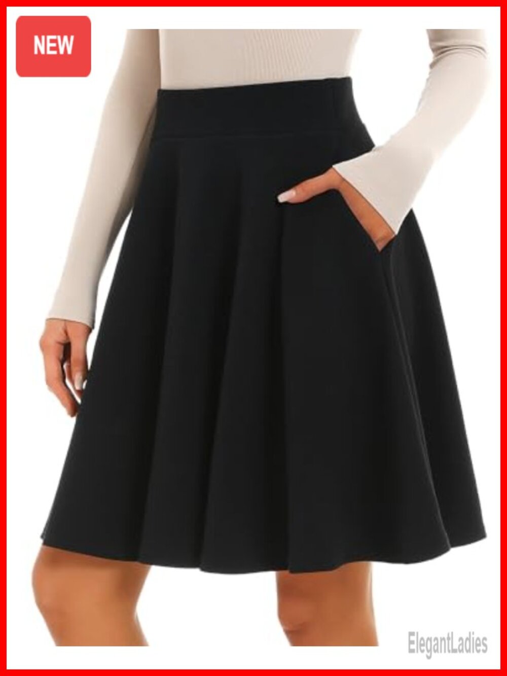 Women's Knee Length Flared A-Line Skirt High Waisted Pockets